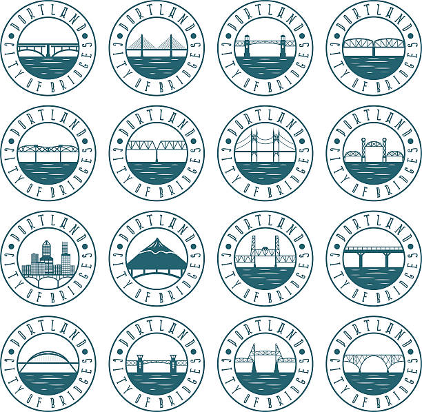 Vintage labels set of Portland , Oregon , USA . Retro emblems of bridges .