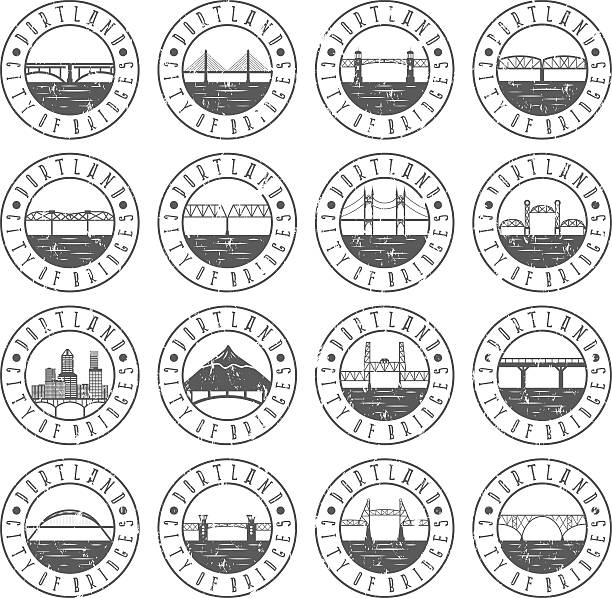 Vintage grunge  labels set of Portland , Oregon , USA . Retro emblems of bridges .