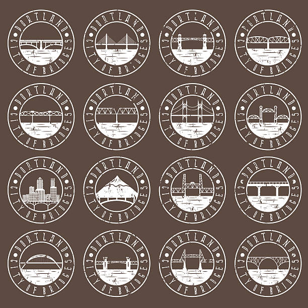 Vintage grunge  labels set of Portland , Oregon , USA . Retro emblems of bridges .