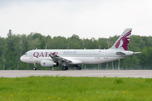Moscow, Russia - May 19, 2016: Qatar airlines Airbus A320 take off to the runway at Domodedovo International airport.