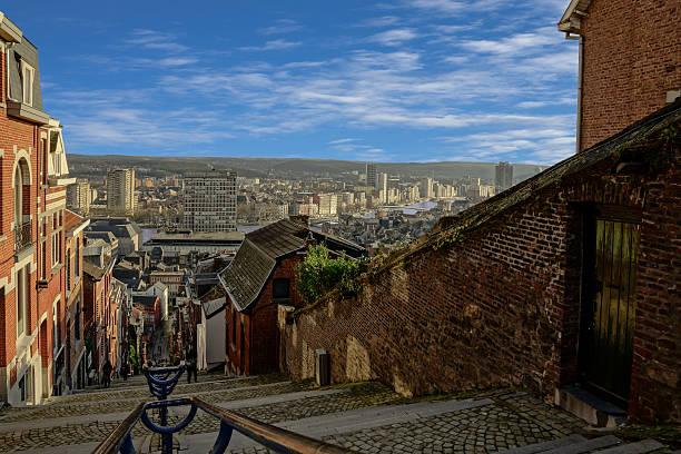 On top of montagne de bueren in Liege belgium. View over the belgium city Liege from the top of the stairs up to Montagne de bueren liege belgium stock pictures, royalty-free photos & images