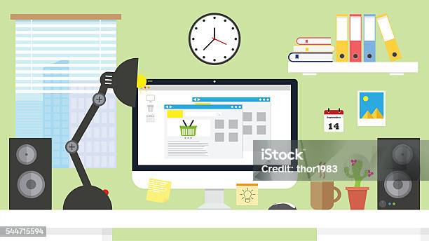 Vector Illustration Home Office Workspaceworkplace With Computer Online Shopping Stock Illustration - Download Image Now
