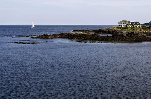 Sailboat and Perkins Cove, Coast of Maine