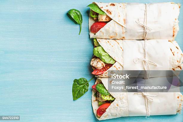 Healthy Lunch Snack Three Tortilla Wraps With Grilled Chicken Fillet Stock Photo - Download Image Now