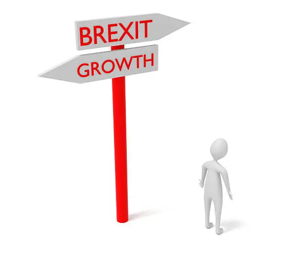 Brexit and growth: guidepost with 3d man, 3d illustration
