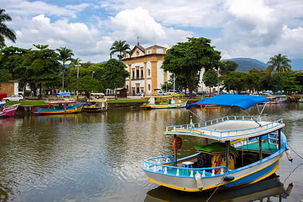colorful boats in the bay of the famous historical town Paraty, Brazil