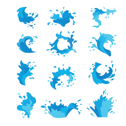 Water splashes collection vector set. Pour drop spa symbol water splash cartoon vector motion blue splashing. Transparent purity drop nature abstract water splash. Freshness bubble wash.