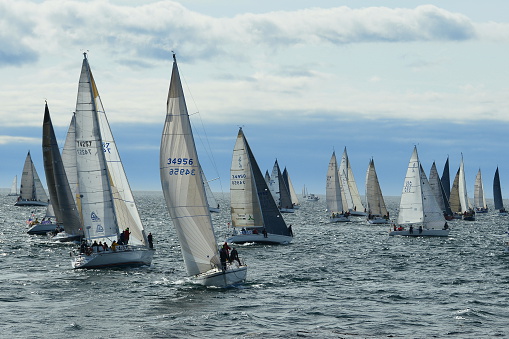 Victoria BC,Canada,May 24th 2014.Boats line up for the starting gun for the annual Swiftsure Yacht race in Victoria.