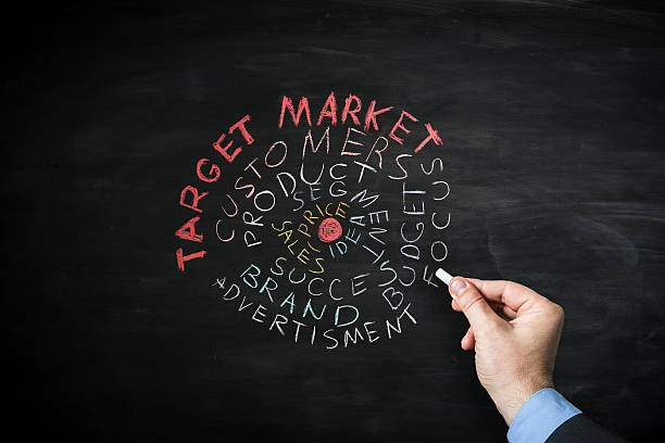Target market Businessman drawing with chalk on blackboard TARGET MARKET related words in form of a  target   dart photos stock pictures, royalty-free photos & images