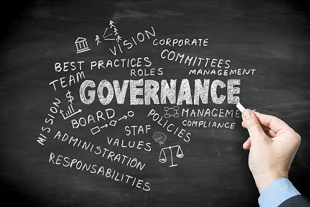 Photo of governance related word cloud on blackboard