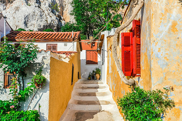 Colorful building in Plaka neighborhood of Athens, Greece Colorful building in Plaka neighborhood of Athens, Greece plaka athens stock pictures, royalty-free photos & images