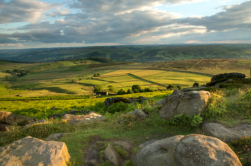 Image of the fields and pastures of rural derbyshire from an elevated position on Stanage Edge in the peak district