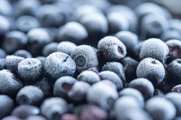 Frozen blueberries background. Close-up, selective focus