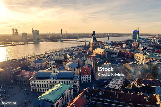 Riga Latvia Aerial View Of Old Town Stock Photo - Download Image Now - Riga, Latvia, Sunset