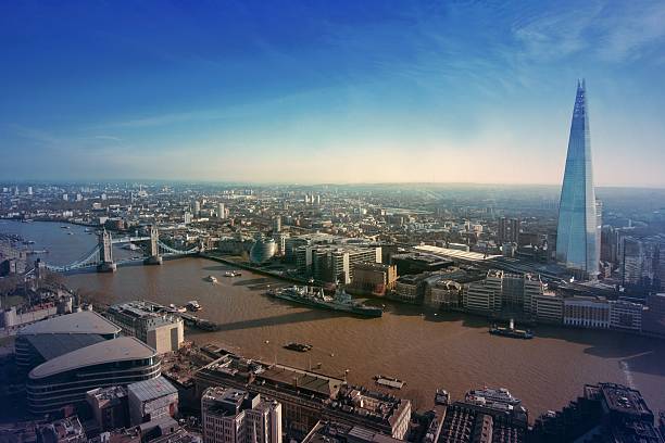 widok z lotu ptaka w londynie z czerep, retro, warstwy ziarna - czerep zdjęcia i obrazy z banku zdjęć