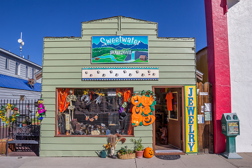 Bridgeport, CA, USA - October 11, 2015: Little old shop in halloween style on main street Bridgeport, California, USA