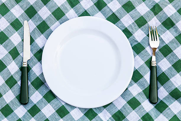 istock Knife, white plate and fork on green picnic tablecloth 544747388