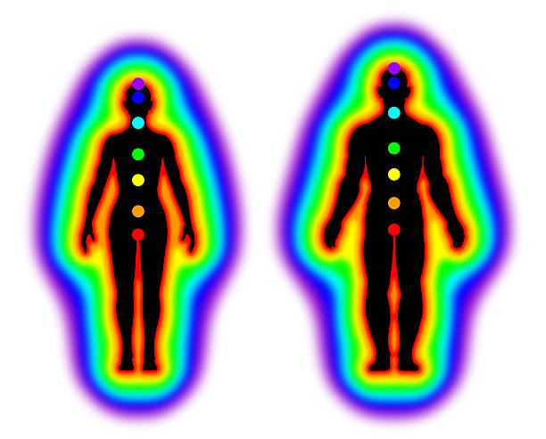 Human energy body - aura and chakras on white background