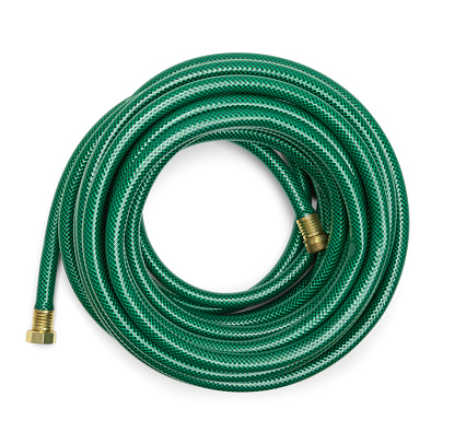 Top View of a Green Garden Hose Isolated on a White Background.