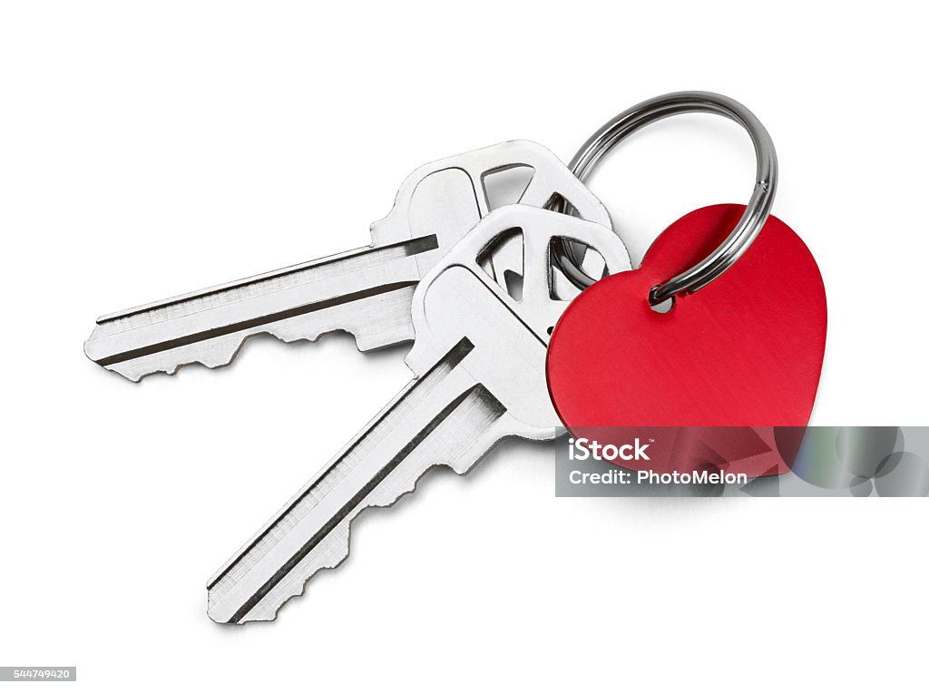 Keys to My Heart Set of Keys with Red Heart Isolated on White Background. Key Ring Stock Photo