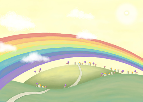 Beautiful countryside scenery with rainbow.  Lovely illustration in hand drawn style