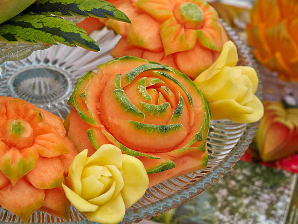 Fruit carving food sculpture art display of selection of carved items
