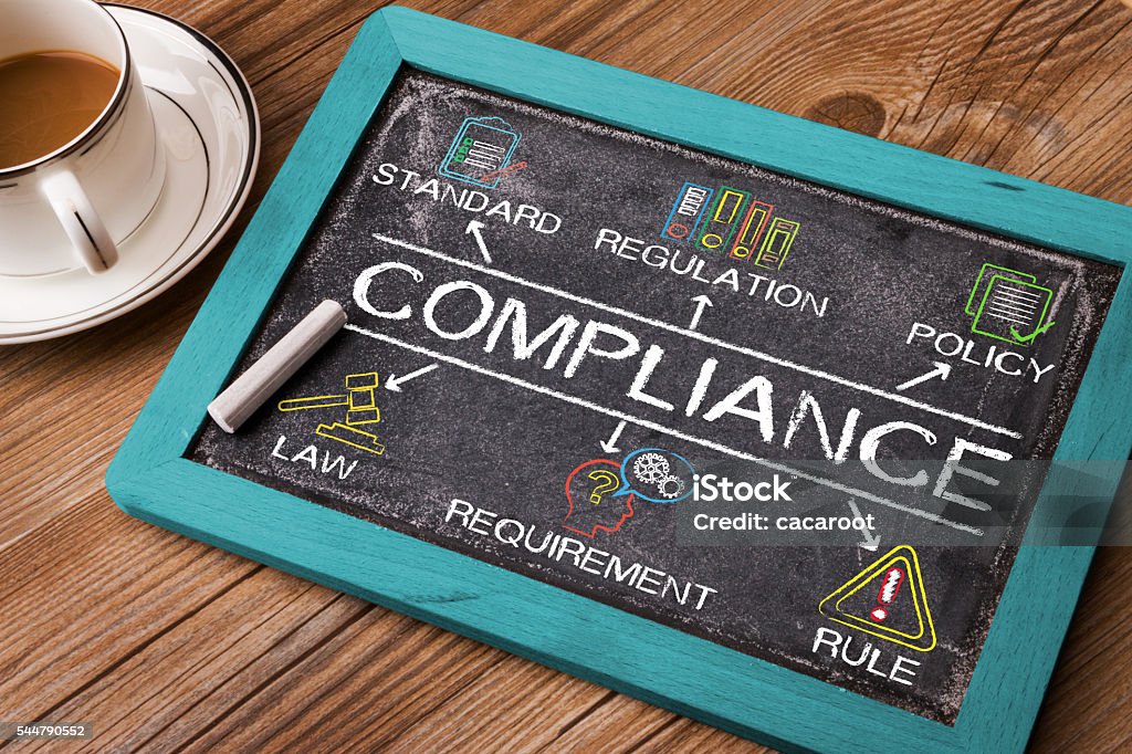 Compliance concept diagram with related keywords and elements Compliance concept diagram with related keywords and elements on blackboard Conformity Stock Photo