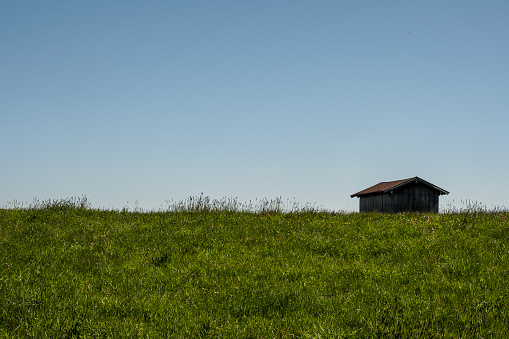 A small wooden hay barn on a lush spring meadow. Photograph taken near Matzing, Bavaria, Germany.