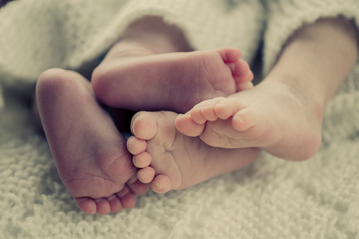 Colour photo of newborn baby twins' feet