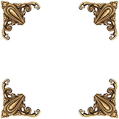 Golden elements of carved frame on white background