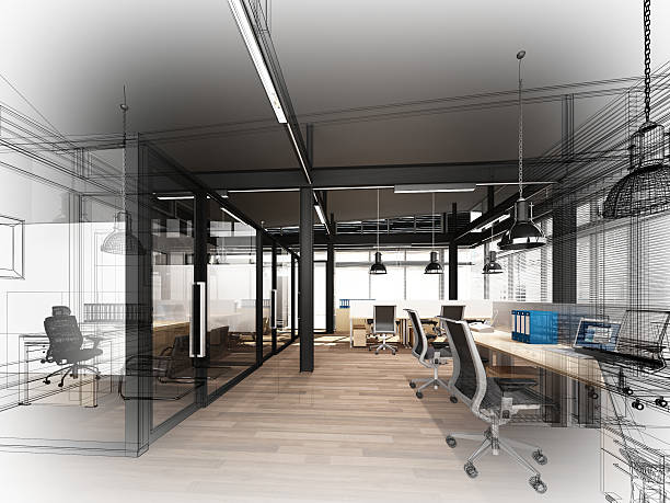 istock sketch design of interior office, 3d interior wire frame 544799224