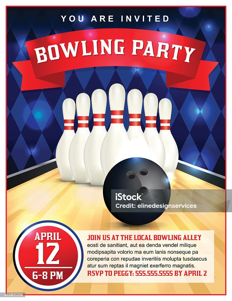Bowling Party Flyer Template Illustration A bowling party flyer template great for birthday parties, bowling leagues and tournaments. Layered vector EPS 10 available. Type is outlined in vector. Ten Pin Bowling stock vector