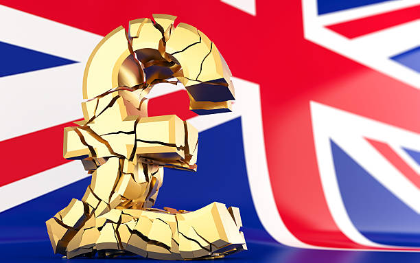 BREXIT - broken pound sign - united kingdom flag BREXIT - broken pound sign - united kingdom flag - 3D rendering british falling pounds stock pictures, royalty-free photos & images