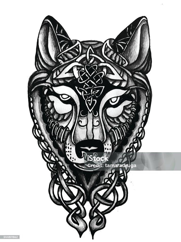 Hand drawn Celtic Wolf head for tattoo Stylized wolf head in Celtic knots symbols. Tattoo design.  Tattoo stock vector