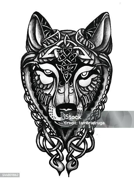 Hand Drawn Celtic Wolf Head For Tattoo Stock Illustration - Download Image Now - Tattoo, Wolf, Animal