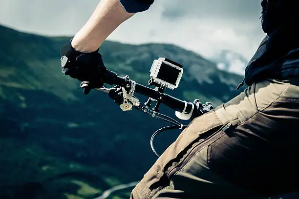 Action Camera Mounted on Mountain Bike. 