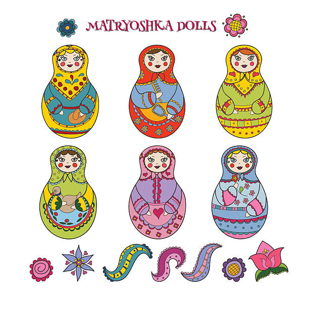 ilustraciones, imágenes clip art, dibujos animados e iconos de stock de colección de dibujado a mano seis matryoshka muñecas y elementos decorativos - babushka russian nesting doll doll green