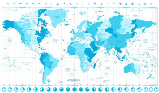 ilustraciones, imágenes clip art, dibujos animados e iconos de stock de mapa mundial con los husos horarios - mapa de husos horarios