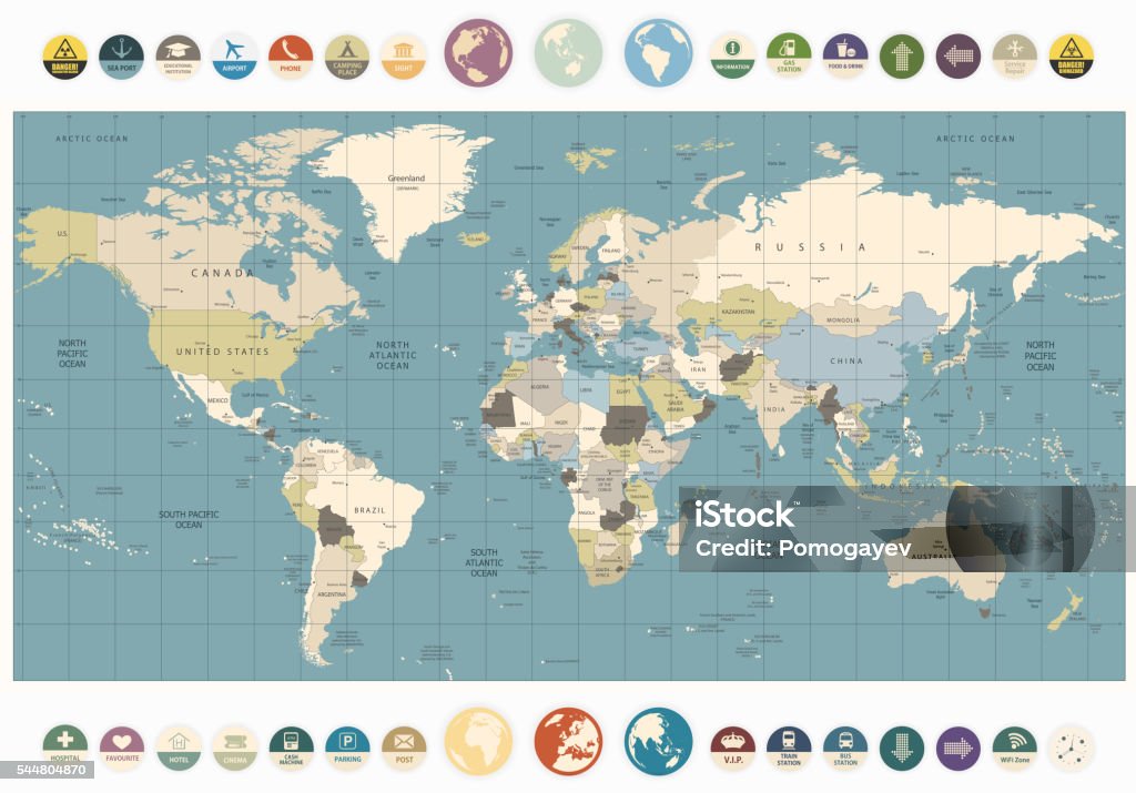 World Map old colors illustration with round flat icons World Map old colors illustration with round flat icons and globes. All elements are separated in editable layers clearly labeled. World Map stock vector