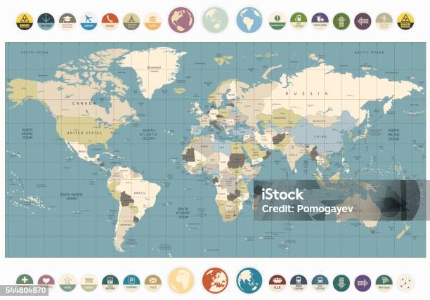 World Map Old Colors Illustration With Round Flat Icons Stock Illustration - Download Image Now