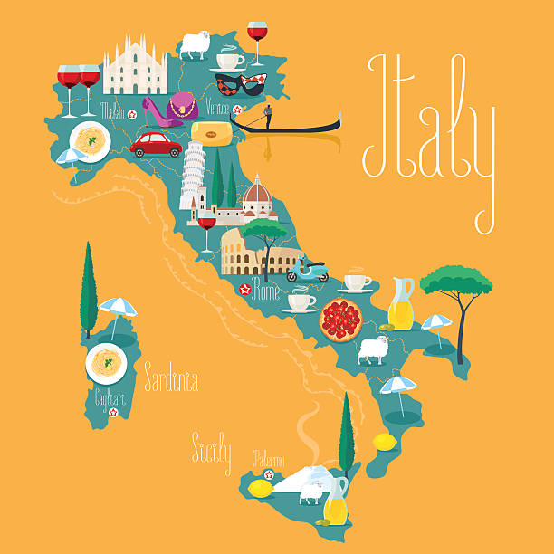 map of italy vector illustration, design. icons with italian landmarks - i̇talya illüstrasyonlar stock illustrations