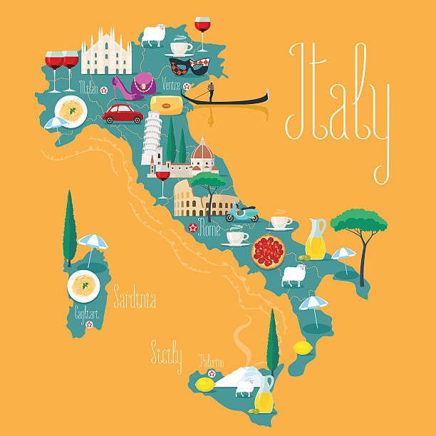 Map of Italy vector illustration, design. Icons with Italian landmarks Map of Italy vector illustration, design. Icons with Italian Colosseum, pizza, wine, cathedral. Mediterranean Sicilia and Sardinia islands. Explore Italy concept image italy stock illustrations