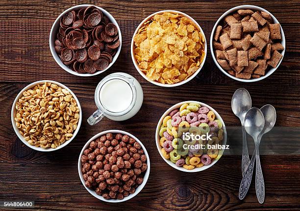 Bowls Of Various Cereals Stock Photo - Download Image Now - Cereal Plant, Breakfast, Child