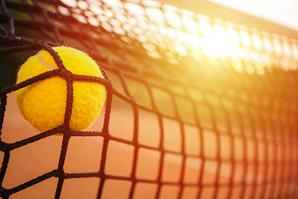 istock Tennis ball in net 544808150