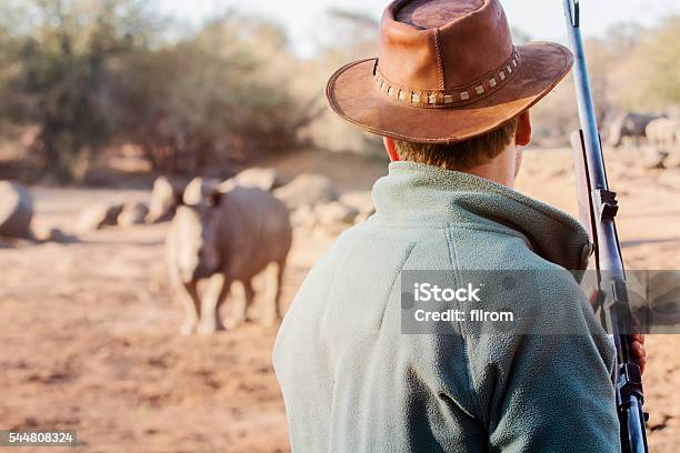 Ranger With Firearm Face To Face Rhino Stock Photo - Download Image Now - Poaching - Animal Welfare, Rhinoceros, Africa