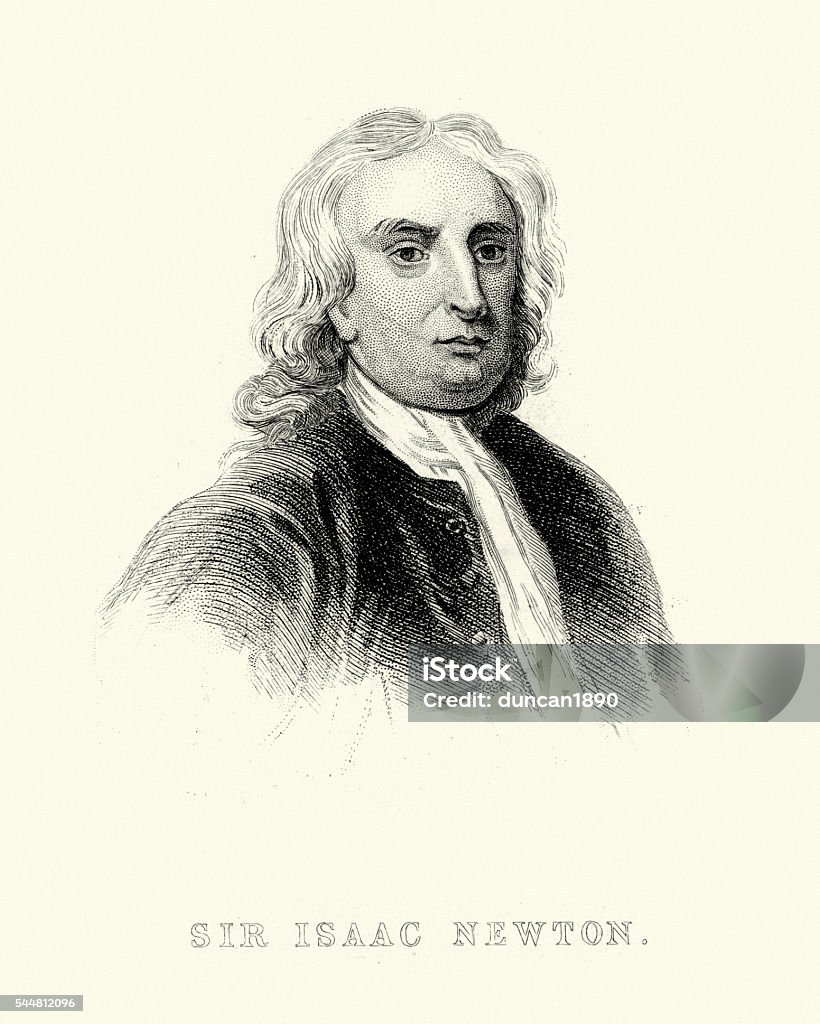 Portrait of Sir Isaac Newton Vintage engraving of Sir Isaac Newton an English physicist and mathematician who is widely recognised as one of the most influential scientists of all time and a key figure in the scientific revolution. Sir Isaac Newton - Physicist stock illustration