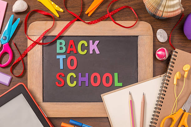 istock Back To School letters on small blackboard with school supplies 544812370