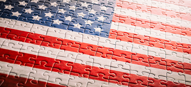 32Mpx tilt shift photo stich of a jigsaw puzzle: American Flag. Personalized and unique flag design and puzzle.