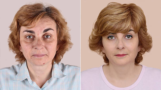 istock Woman before and after applying make-up and hairstyling 544815896