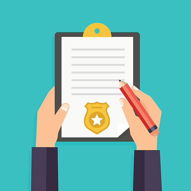 Hand holding clipboard with checklist and pen for police report. Hand holding clipboard with checklist and pen for police report. Traffic, parking fine, citation, crime report, problems with police, subpoena concepts. Vector illustration. peoples alliance for democracy stock illustrations